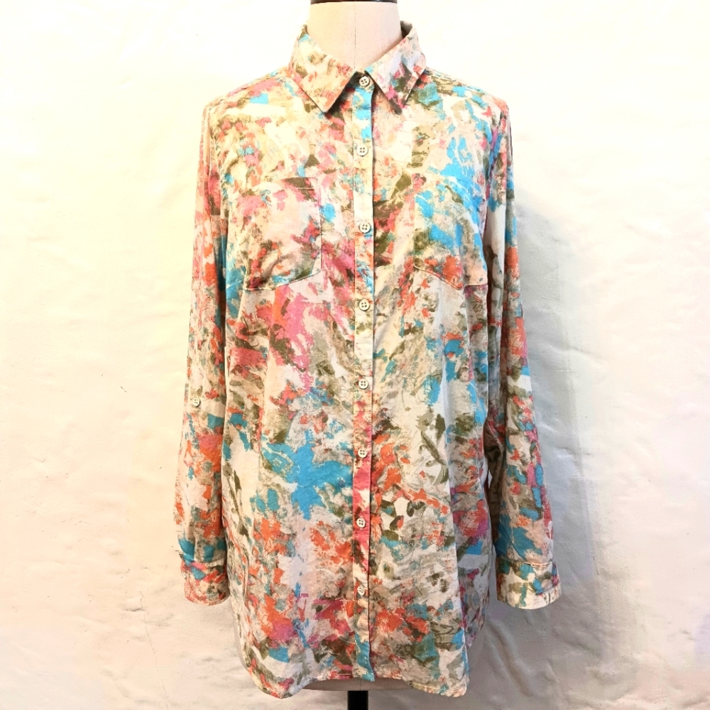 Relativity cotton, art print, button-up blouse w/ roll tab sleeves. IX